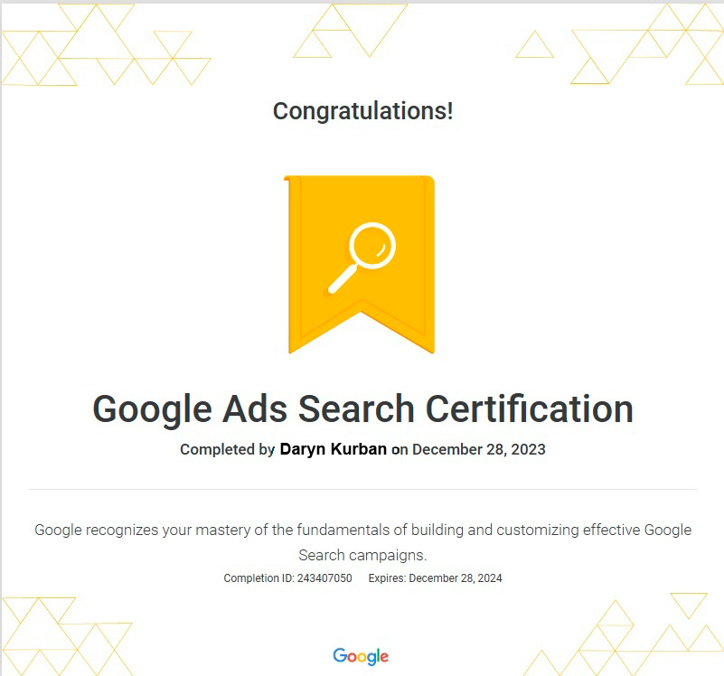 Сертификат о прохождении курса по Google Ads